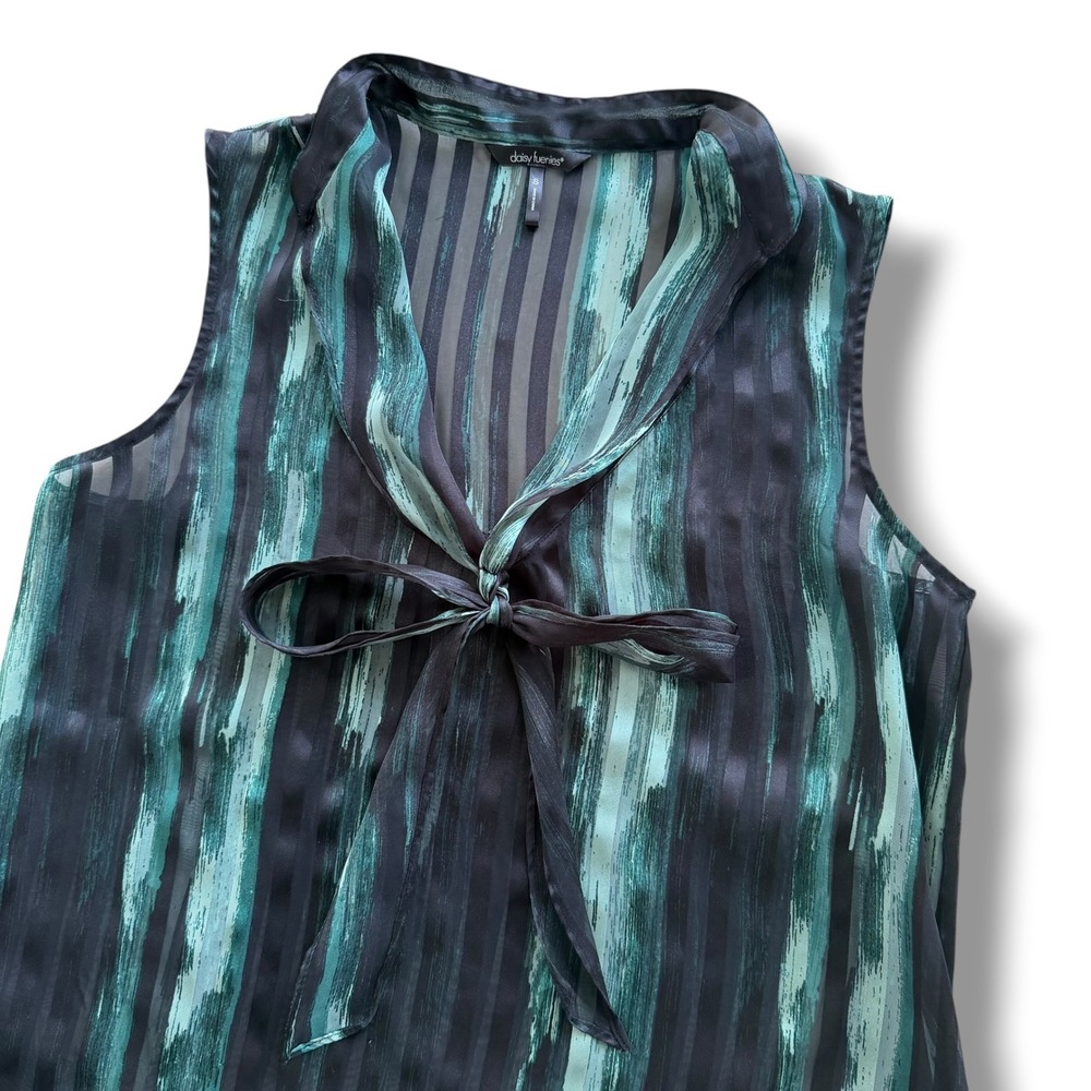 Daisy Fuentes Sm Green Black Striped Sheer Necktie Bow Sleeveless Blouse Preppy